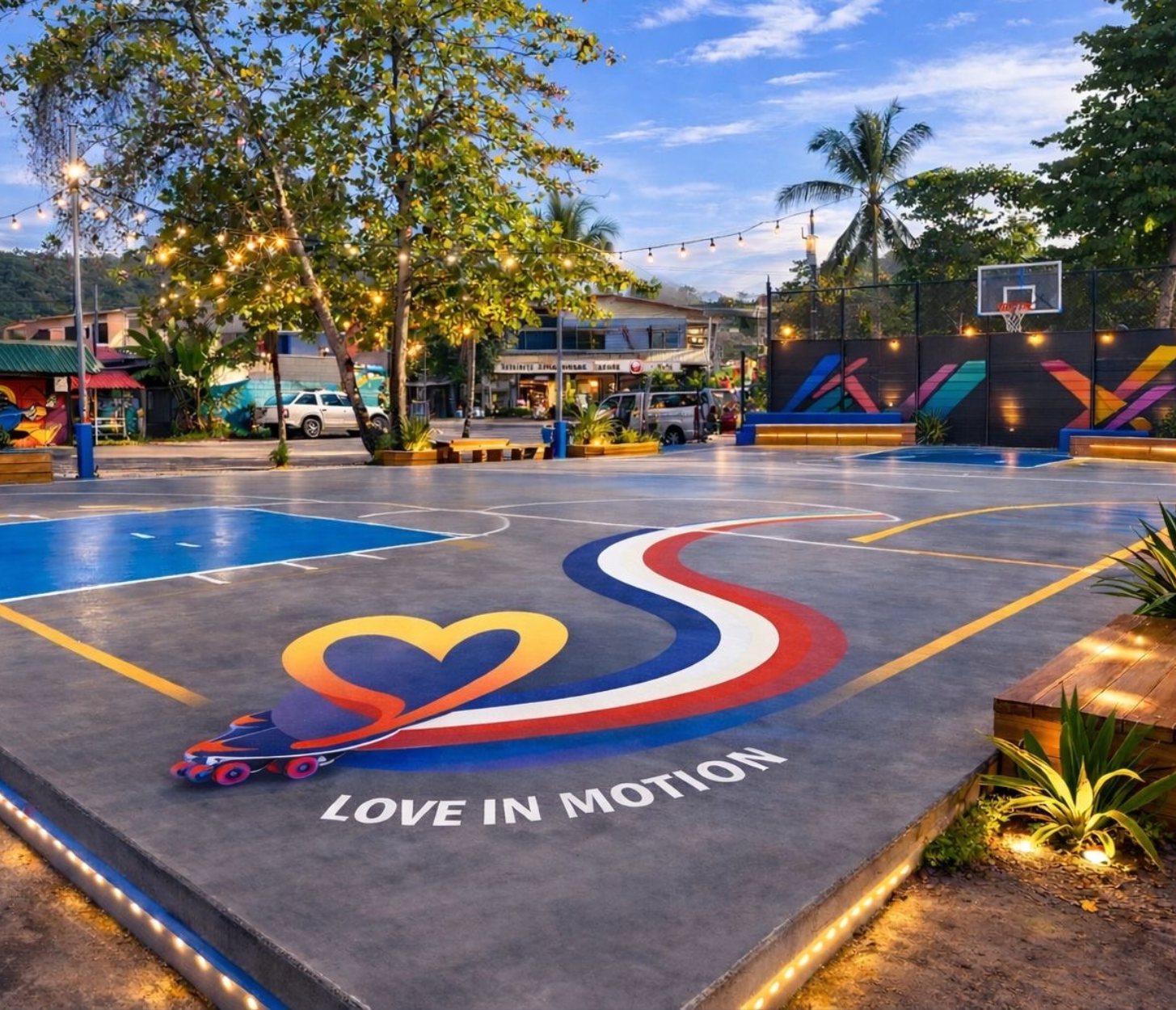 The Love in Motion court at dusk with the heart-and-skate logo painted on it